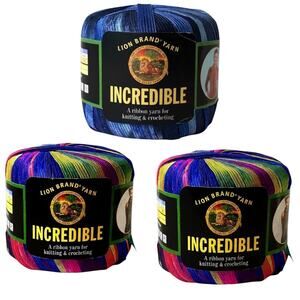 Lion Brand Incredible ribbon yarn 2 skeins ombre Rainbow 1 skein of ombre blue